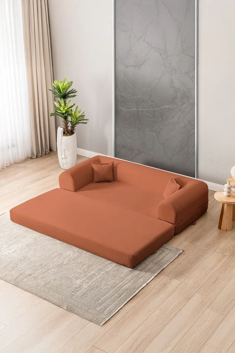 Pento 3-personers Ribbet Sovesofa i Stof - Cognac - Møbler - Sofaer - Sovesofaer