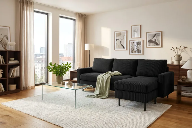 Peppe 4-personers Højrevendt L-formet Chaiselongsofa i Manchester - Sort - Møbler - Sofaer - Sofa med chaiselong