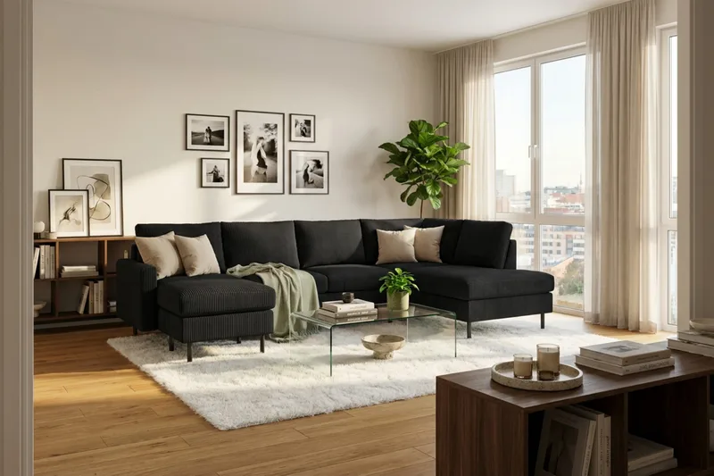 Peppe 4-personers Højrevendt U-formet Sofa med Divan og Chaiselong i Manchester - Sort - Møbler - Sofaer - U Sofa