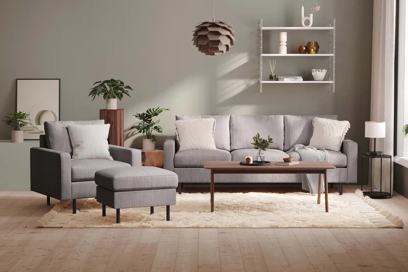 Peppe Sofaarrangement 3-personers Sofa + Lænestol + Fodskammel i Manchester - Grå - Møbler - Sofaer - Sofagrupper
