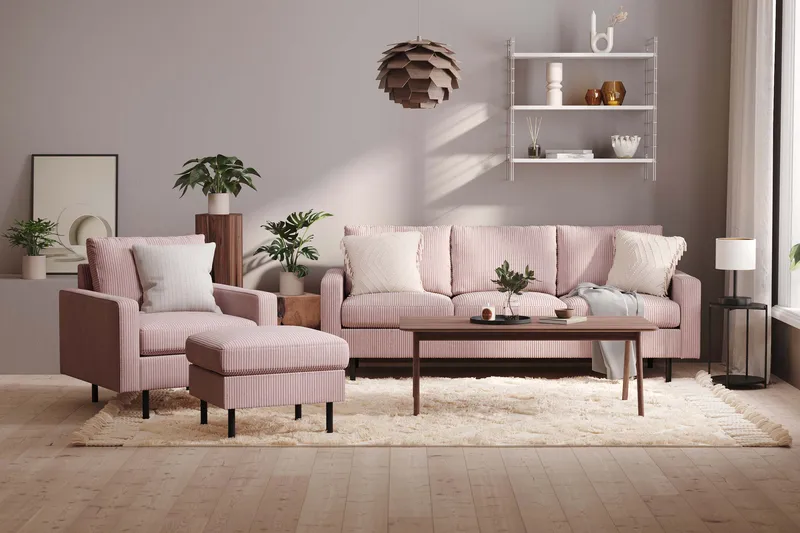 Peppe Sofagruppe 3-personers Sofa + Lænestol + Fodskammel i Manchester - Rosa - Møbler - Sofaer - Sofagrupper