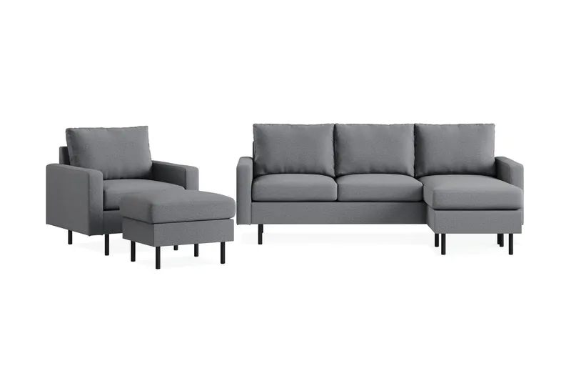 Peppe Sofagruppe 3-personers Vendbar L-formet Chaiselongsofa + Lænestol + Fodskammel i Stof, Lysegrå