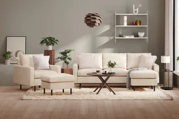 Peppe Sofagruppe 3-personers Vendbar L-formet Chaiselongsofa + Lænestol + Fodskammel i Manchester - Beige - Møbler - Sofaer - Sofagrupper