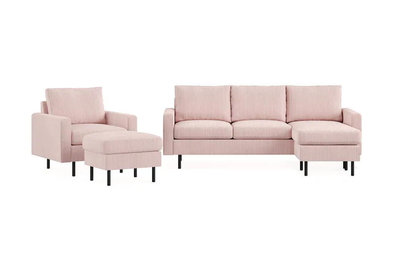 Peppe Sofagruppe 3-personers Vendbar L-formet Chaiselongsofa + Lænestol + Fodskammel i Manchester, Rosa