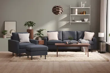 Peppe Sofagruppe 3-personers Sofa + Lænestol + Fodskammel i Stof - Mørkegrå - Møbler - Sofaer - Sofagrupper