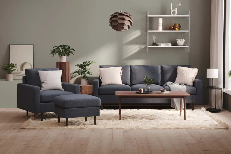 Peppe Sofagruppe 3-personers Sofa + Lænestol + Fodskammel i Stof - Mørkegrå - Møbler - Sofaer - Sofagrupper