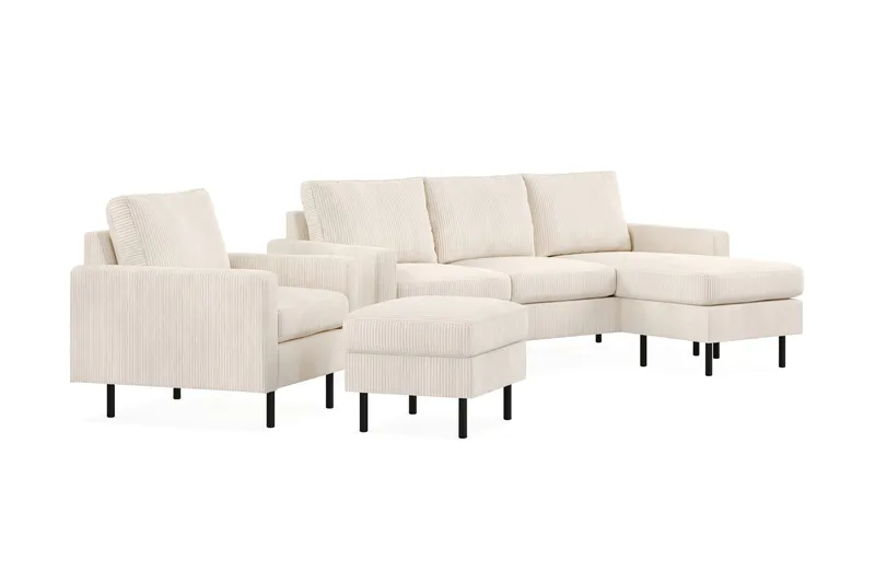 Peppe Sofagruppe 3-personers Vendbar L-formet Chaiselongsofa + Lænestol + Fodskammel i Manchester - Beige - Møbler - Sofaer - Sofagrupper