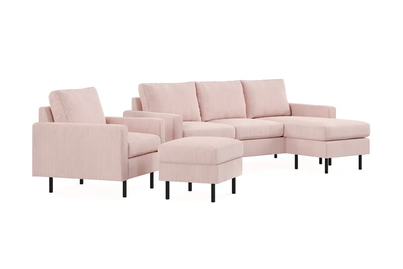 Peppe Sofagruppe 3-personers Vendbar L-formet Chaiselongsofa + Lænestol + Fodskammel i Manchester - Rosa - Møbler - Sofaer - Sofagrupper