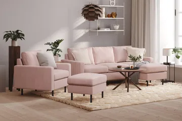 Peppe Sofagruppe 3-personers Vendbar L-formet Chaiselongsofa + Lænestol + Fodskammel i Manchester - Rosa - Møbler - Sofaer - Sofagrupper
