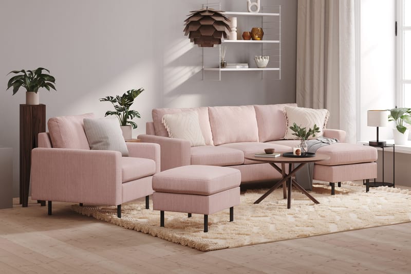 Peppe Sofagruppe 3-personers Vendbar L-formet Chaiselongsofa + Lænestol + Fodskammel i Manchester - Rosa - Møbler - Sofaer - Sofagrupper