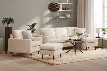 Peppe Sofagruppe 3-personers Vendbar L-formet Chaiselongsofa + Lænestol + Fodskammel i Manchester - Beige - Møbler - Sofaer - Sofagrupper