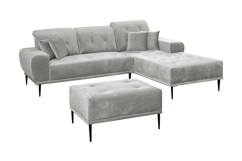 Rapale Sofagruppe Højre med Fodskammel, Velour/Sølv