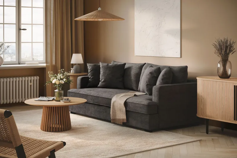 Rossita 3-personers Dyb Sofa med Hel Pude i Chenille - Sort - Møbler - Sofaer - 3 personers sofa