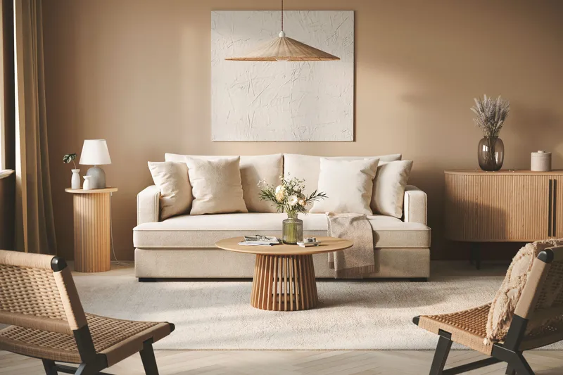 Rossita 3-personers Dyb Sofa med Hel Pude i Chenille - Beige - Møbler - Sofaer - 3 personers sofa