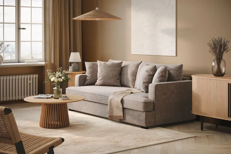 Rossita 3-personers Dyb Sofa med Hel Pude i Chenille - Grå / Brun - Møbler - Sofaer - 3 personers sofa