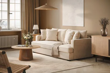 Rossita 3-personers Dyb Sofa med Hel Pude i Chenille - Trenza 06, Beige Chenille - Møbler - Sofaer - 3 personers sofa