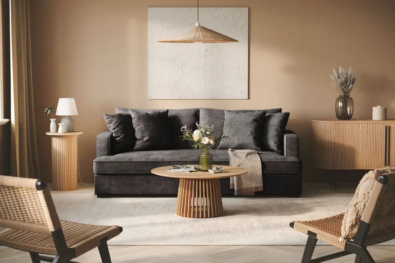 Rossita 3-personers Dyb Sofa med Hel Pude i Chenille - Sort - Møbler - Sofaer - 3 personers sofa