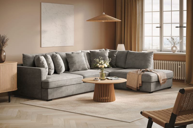 Rossita 4-personers Højrevendt L-formet Dyb Chaiselongsofa i Chenille - Grå - Møbler - Sofaer - Sofa med chaiselong