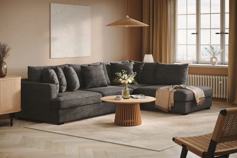 Rossita 4-personers Højrevendt L-formet Dyb Chaiselongsofa i Chenille - Sort - Møbler - Sofaer - Sofa med chaiselong