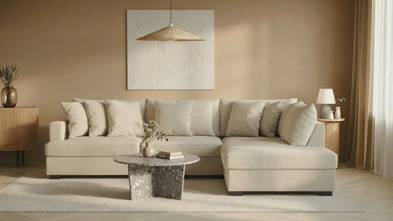 Rossita 4-personers Højrevendt L-formet Dyb Chaiselongsofa i Jernbanefløjl - Beige - Møbler - Sofaer - Sofa med chaiselong