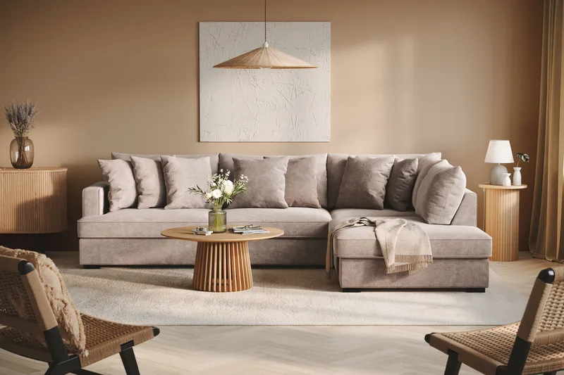 Rossita 4-personers Højrevendt L-formet Dyb Chaiselongsofa i Chenille - Grå / Brun - Møbler - Sofaer - Sofa med chaiselong