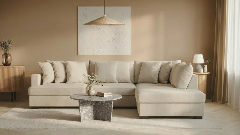 Rossita 4-personers Højrevendt L-formet Dyb Chaiselongsofa i Stof - Beige - Møbler - Sofaer - Sofa med chaiselong