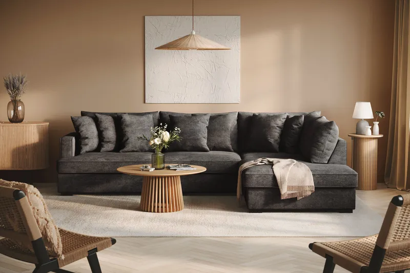 Rossita 4-personers Højrevendt L-formet Dyb Chaiselongsofa i Chenille - Sort - Møbler - Sofaer - Sofa med chaiselong