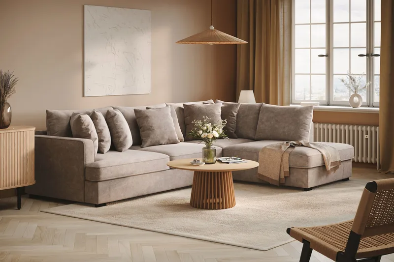 Rossita 4-personers Højrevendt L-formet Dyb Chaiselongsofa i Chenille - Grå / Brun - Møbler - Sofaer - Sofa med chaiselong