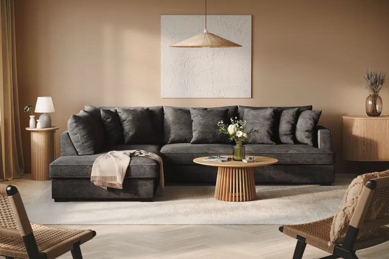 Rossita 4-personers Venstrevendt L-formet Dyb Chaiselongsofa i Chenille - Sort - Møbler - Sofaer - Sofa med chaiselong