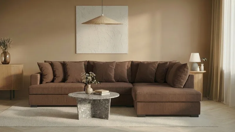 Rossita 4-personers Højrevendt L-formet Dyb Chaiselongsofa i Jernbanefløjl - Brun - Møbler - Sofaer - Sofa med chaiselong