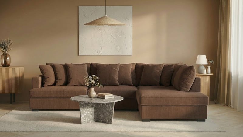 Rossita 4-personers Højrevendt L-formet Dyb Chaiselongsofa i Jernbanefløjl - Brun - Møbler - Sofaer - Sofa med chaiselong