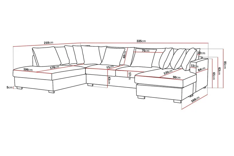 Rossita 5-personers Venstrevendt U-formet Dyb Sofa med Divan og Chaiselong i Chenille - Sort - Møbler - Sofaer - U Sofa
