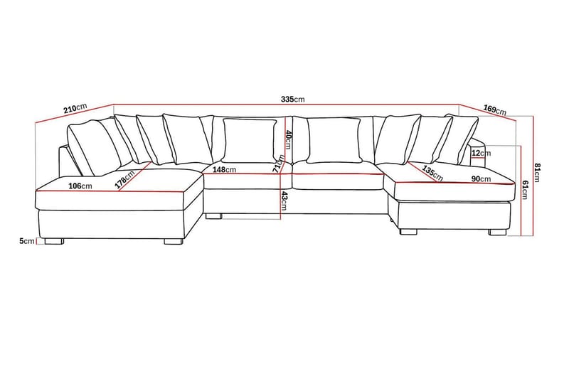 Rossita 5-personers Venstrevendt U-formet Dyb Sofa med Divan og Chaiselong i Stof - Brun - Møbler - Sofaer - U Sofa