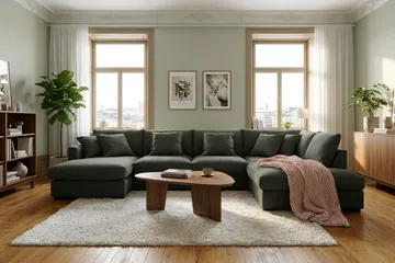 Rossita Lyx 5-personers højrevendt U-formet ekstra dyb sofa med divan og chaiselong i fløjl - Mørkegrøn - Møbler - Sofaer - U Sofa