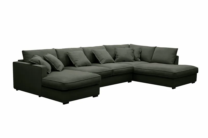 Rossita Lyx 5-personers venstrevendt U-formet ekstra dyb sofa med divan og chaiselong i fløjl - Mørkegrøn - Møbler - Sofaer - U Sofa