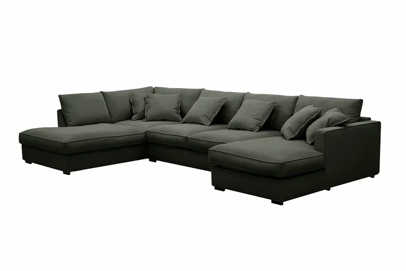 Rossita Lyx 5-personers højrevendt U-formet ekstra dyb sofa med divan og chaiselong i fløjl - Mørkegrøn - Møbler - Sofaer - U Sofa