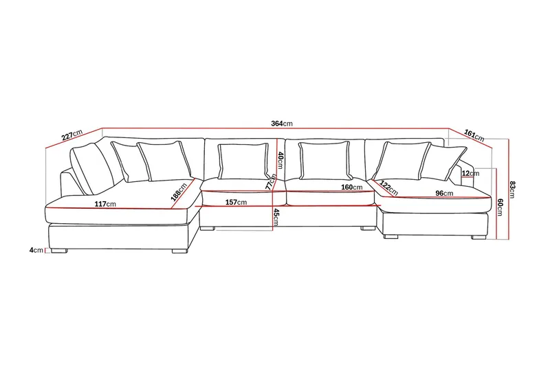 Rossita Lyx 5-personers venstrevendt U-formet ekstra dyb sofa med divan og chaiselong i chenille - Trenza 01, Sort Chenille - Møbler - Sofaer - U Sofa