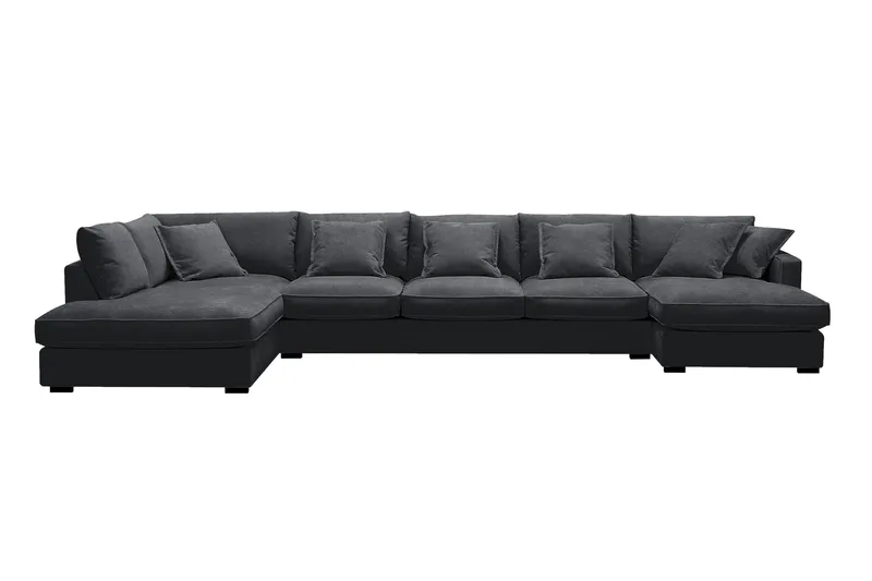 Rossita Lyx 6-personers højrevendt U-formet ekstra dyb sofa med divan og chaiselong i chenille, Sort