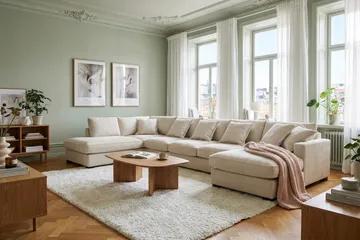 Rossita Lyx 6-personers venstrevendt U-formet ekstra dyb sofa med divan og chaiselong i chenille - Trenza 06, Beige Chenille - Møbler - Sofaer - U Sofa