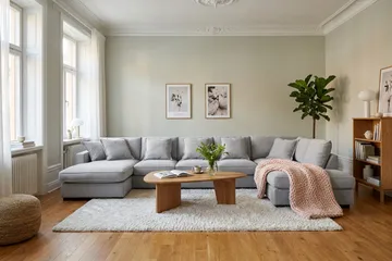 Rossita Lyx 6-personers højrevendt U-formet ekstra dyb sofa med divan og chaiselong i chenille - Trenza 03, Grå Chenille - Møbler - Sofaer - U Sofa