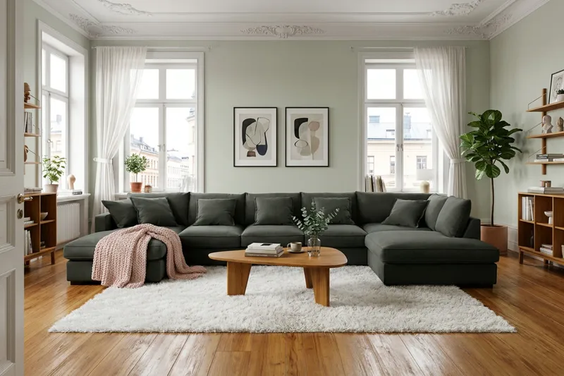 Rossita Lyx 6-personers højrevendt U-formet ekstra dyb sofa med divan og chaiselong i fløjl - Mørkegrøn - Møbler - Sofaer - U Sofa