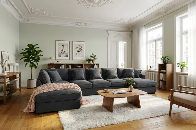 Rossita Lyx 6-personers venstrevendt U-formet ekstra dyb sofa med divan og chaiselong i chenille - Trenza 01, Sort Chenille - Møbler - Sofaer - U Sofa