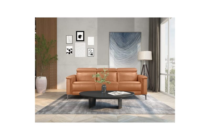 Sofa 3-sæders Lund Cognac, Læder/PU, Manuel liggestol - Cognac, Læder/PU, Manuel liggestol - Møbler - Sofaer - 3 personers sofa