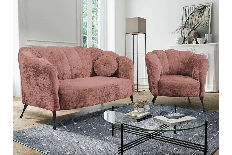 Adrial 3-Pers. Sofagruppe - Velour/Lyserød/Sort Krom - Møbler - Sofaer - Sofagrupper