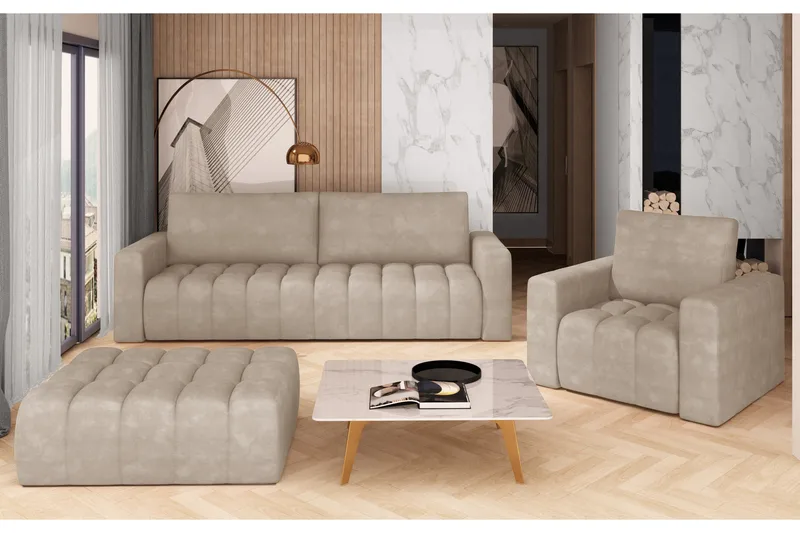 Alazaro Sofagruppe 3-Pers. + Lænestol + Puf, Grå