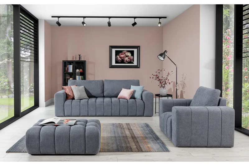 Alazaro Sofagruppe 3-Pers. + Lænestol + Puf, Grå