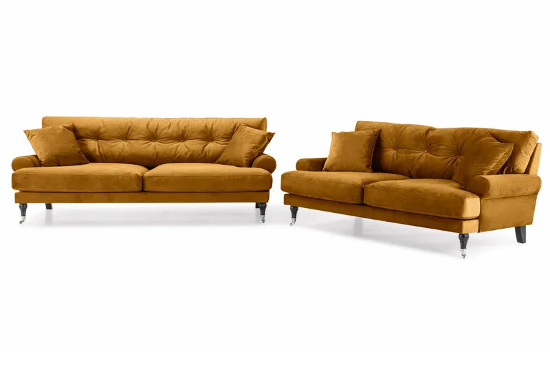 Andrew Sofaarrangement 3-personers + 2-personers Sofa + Lænestol + Fodskammel i Fløjl, Mørkegul