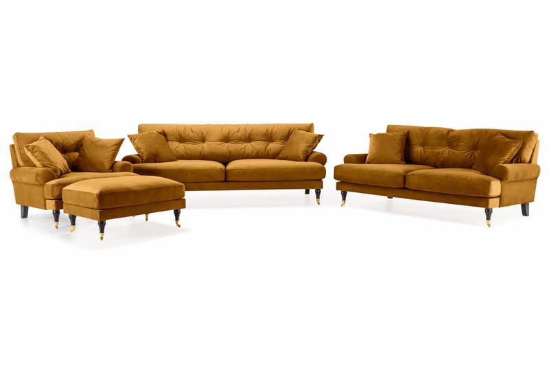 Andrew Sofaarrangement 3-personers + 2-personers Sofa + Lænestol + Fodskammel i Fløjl, Mørkegul