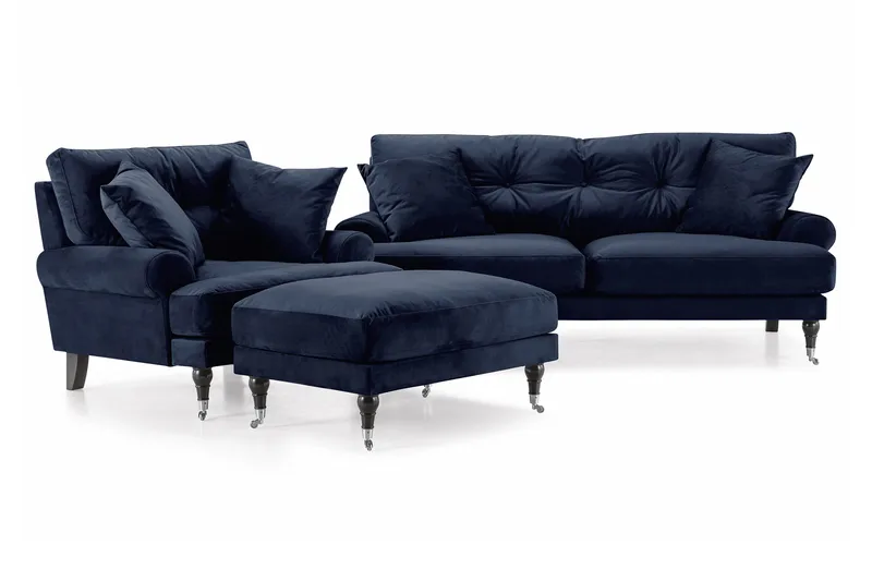 Andrew Sofagruppe 2-personers Sofa + Lænestol + Fodskammel i Fløjl, Blå