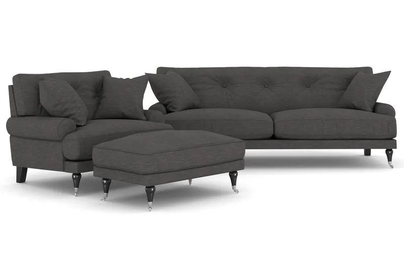 Andrew Sofagruppe 2-personers Sofa + Lænestol + Fodskammel i Stof, Mørkegrå